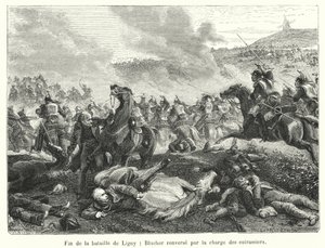 Slutet på slaget vid Ligny, Blucher störtad av cuirassiers anfall (gravyr) av French School