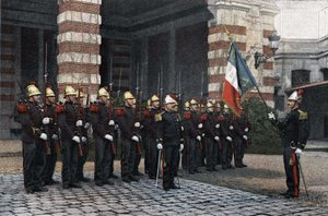 Brandmän i Paris. Hälsning till flaggan. i ""Militär albumscen av soldatens liv, brandmän i Paris"" 1892. av French School