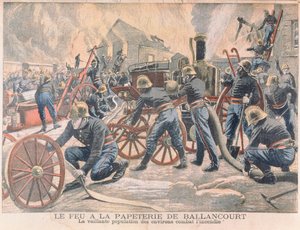 Brandmän som bekämpar en brand vid ett pappersbruk i Ballancourt, från Le Petit Journal, 1905 av French School