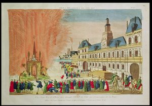 Fyrverkerier framför Hotel de Ville i Paris för att fira freden i Versailles, 1783 av French School