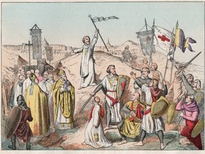 Första korståget: belägringen och intagandet av Jerusalem av kryssen ledda av Godefroy (Godefroi) de Bouillon (1058-1100) 1099 - Godfrey de Bouillon vid belägringen av Jerusalem - Gravering av slutet av 1800-talet i "" Nos Gires Nationales - Bilder e av French School