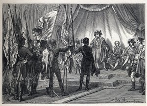 Första koalitionen: Joachim Murat (1767-1815) presenterar för styrelsen de flaggor som erövrades av den franska armén, under befäl av Napoleon Bonaparte, under det italienska fälttåget. Gravyr från 1889. Privat samling. av French School