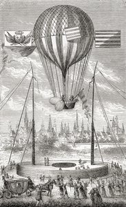 Första flygningen med en styrbar ballong, från Dijon, 12 juni 1784, från "Wonderful Balloon Ascents or the Conquest of the Skies", av Fulgence Marion, publicerad ca 1870 av French School