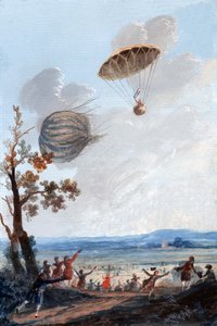 Förste man som gick ner i fallskärm, 22 oktober 1797, vid Parc Monceau, Paris, ca 1797 av French School