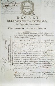 Första sidan av hemligheten bakom den nationella konventet den 27/07/1793 som upprättade Palais du Louvren som ett museum av French School
