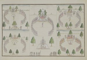 Fem hinduiska kulter: Shiva, Krishna, Vishnu, Brahma och Mother Goddess från The Gentil Album, publicerad 1774 av French School