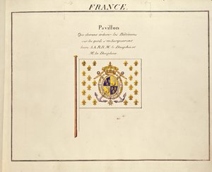 Flagga av Dauphin och Dauphine, Louis-Antoine och Marie-Therese av Frankrike, från Pavilions of the Maritime Powers, c.1815-30 (färgstick) av French School