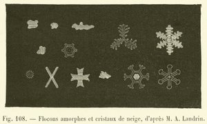 Amorfa flingor och snökristaller (gravyr) av French School