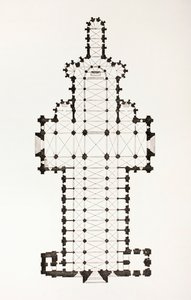 Planritning av Notre Dame-katedralen i 1200-talets ogivestil i Rouen, Frankrike, från Les Arts au Moyen Age, publicerad 1873 av French School