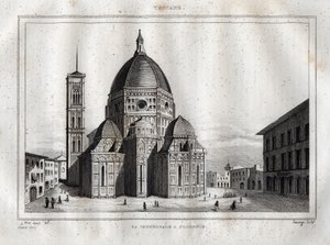 Florens katedral - Utsikt över katedralen i Florens (Duomo Santa Maria del Fiore). Kupolen gjordes av Filippo Brunelleschi omkring 1420-1436, Florens, Italien - Gravyr från "" Italy Picturesque"" - Historisk och beskrivande tabell över Italien" av M. de av French School