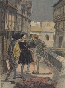 Den florentinske guldsmeden och skulptören Benvenuto Cellini omgiven och hotad av en grupp män (färglitografi) av French School