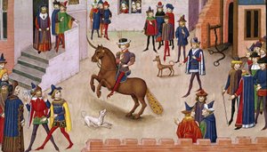 Fol.17v Hur Alexander den store (356-323 f.Kr.) besatte Bucephalus, från Histoire du Grand Alexandre 1460 av French School