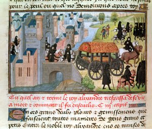 Fol.305v Hur Alexander den store (356-323 f.Kr.) gick bort och begravdes, från manuskriptet av Jean Vauquelin, från Histoire du Grand Alexandre, 1460 av French School