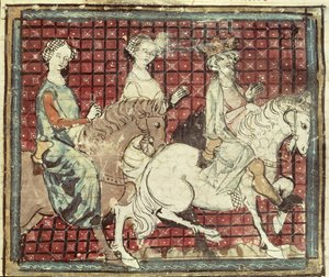 Fol.31r Chilperic I (543-97) och Fredegonde till häst, från Grandes Chroniques de France, 1375-79 av French School