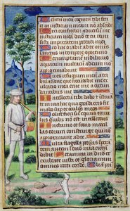 Fol.50v Textsida med en kantdetalj av en musiker som får sin hund att dansa, från 