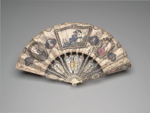 Hopfällbar fläkt med en kinoseriescen, porträtt, pastorala figurer och stilleben, ca 1780-talet (elfenben, förgyllning, pärlemor, glas eller bergskristall och klistrade ädelstenar (senare)) av French School