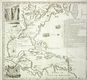 Vikbar karta över den nordamerikanska Atlantkusten, 1714 av French School