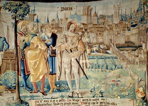 Fondation de la ville de Paris. Kung Francois I (1494-1547) bestämde sig för att etablera sin permanenta huvudstad i Paris när han återvände från fångenskapen 1527. Gobeläng av "Gallernas fantastiska historia"" gjord av Arras verkstad. 1530 Beauvais, avd av French School