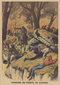 Skogsbrand i Kanada (färg litho) av French School