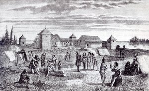 Fort Youkon, en handelsstation för Hudson Bay Company, 1800-talet av French School