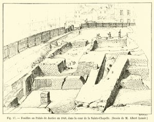 Utgrävningar vid Palais de Justice 1848, på innergården i Sainte-Chapelle, teckning av M Albert Lenoir av French School