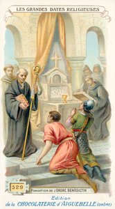 Stiftelsen av Benediktinerorden, 529 (chromolitho) av French School