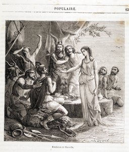 Grundandet av Marseille: den franska staden grundades av grekiska sjömän 600 f.Kr. Gravyr i "Histoire de France populaire"" av Henri Martin. 1800-talet av French School