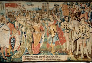 Grundandet av staden Reims: Remus gifte sig med sin dotter med kung Francus, son till Hector. Gobeläng av "The fabulous story of the gallers"" gjord av Arras verkstad av French School