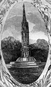 Fontänen i Paris: utsikt över Jungfrufontänen (Notre Dame-fontänen) (cirka 1845). Gravyr i "" Le Monde Illustré"" nr 254 den 22 februari av French School