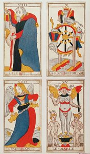 Fyra tarotkort föreställande Eremiten, Lyckohjulet, Temperance och Djävulen (färgad trästick) av French School