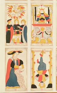 Fyra tarotkort föreställande The Lovers, The Chariot, Strength and The Hanged Man (färgad trästick) av French School