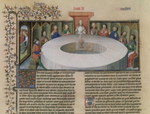 Fr.120 f.524v Riddarna av det runda bordet från The Story of Lancelot, från La Quite de Saint Graal av French School