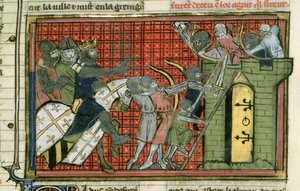 Fr 22495 f.36r Attack mot en stad, från Le Roman de Godefroi de Bouillon av French School