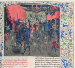 Fr 2646 f.176 Bal des Ardents, Charles räddades av hertiginnan av Berry efter att Louis av Orleans satte eld på dansarnas kostymer, 1392, från Froissarts Chronicle av French School