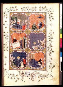 Fr 2813 f.265 Sex scener ur Saint Louiss liv (1215-70), från Grandes Chroniques de France, 1375-79 av French School