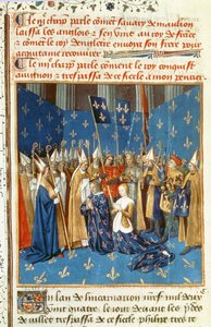 Fr 6465 f.247v Kröning av Ludvig VIII (1187-1226) och Blanche de Castile i Reims i närvaro av kungen av Jerusalem av French School