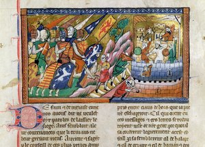 Fr 9084 f.53 En engelsk armé som anfaller ett slott, ur "Chronique de Guillaume de Tyr" (pergament) av French School