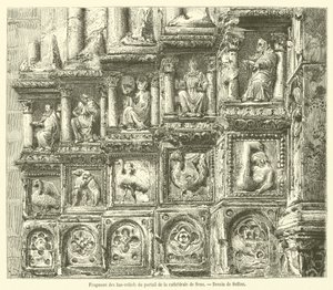 Fragment av basreliefer från portalen till Sens katedral (gravyr) av French School