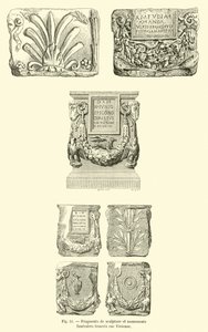 Fragment av skulpturer och gravmonument funna på rue Vivienne (gravyr) av French School