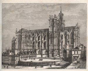Frankrike, Lorraine, Mosel (57), Metz: Saint Etienne de Metz katedral - gravyr i "La France illustrée: geografi, historia, statistisk administration" av V.-A. Maltbrunt. 1884 av French School
