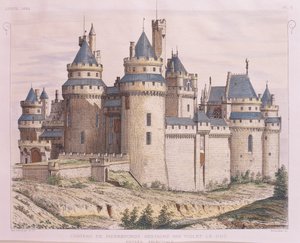 Frankrike, Pierrefonds medeltida slott, restaurerat av Violet le Duc från Moniteur des Architectes, gravyr av French School