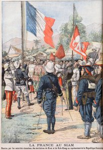 Frankrike tar över territorierna Krat och Koh-Kong, Siam efter fördraget från 1904 som överenskommits mellan siameserna och fransmännen, illustration från 