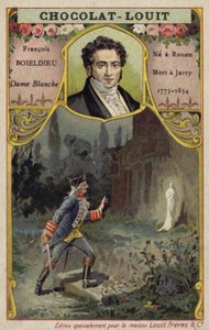 Francois-Adrien Boieldieu, fransk kompositör, och en scen ur hans opera La Dame Blanche (chromolitho) av French School
