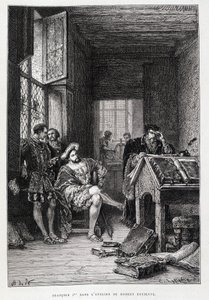 Francois 1:a i Robert Estiennes ateljé - gravyr av French School