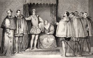 Francois II (1544-60) säger till parlamentsdeputerade att hertigen av Guise och kardinalen kommer att styra staten, ur "Histoire de France" av Colart, publicerad omkring 1840. av French School