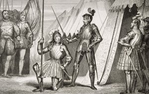 Francois I (1494-1547) adlad av kapten Bayard efter slaget vid Marignano, från 