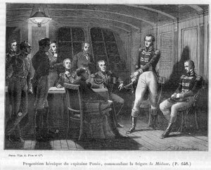Francois Ponee II (1775-1863), befälhavaren för La Meduse, Napoleonic fidele, erbjuder kejsaren att kämpa ensam Le Bellerophon - i "History of the empire following the history of the consulat"" av Adolphe Thiers -1879 - privat samling av French School