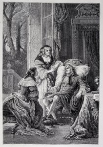 Francois de la Rochefoucauld (1613-1680) pratar med Mademoiselle de Sevigne (Marie de Rabutin-Chantal), Marquise de Sevigne dit Madame de Sevigne (1626-1696) och Marie-Madeleine (Marie Madeleine) Pioche de La Vergne, grevinna av La Vergne (Madam av F av French School