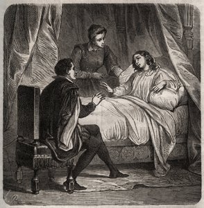 Francoise de Foix, grevinna av Chateaubriant (ca 1495-1537), sjuk, tar emot Clement des Marets dit Marot (1496-1544), betjänten av Francois 1:a, i sängen. Gravyr från 1871 i "Histoire Des Cocus Celebres"" av Henry de Kock (1819-1892). av French School