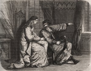 Fredegonde (545-597) anförtror harpspelaren Barbantini sina bekymmer eftersom hans älskare Chilperic (då kungen av francen Chilperic I (543-597), inte gifte sig med honom. 565. Gravyr från 1871 i "Histoire Des Cocuses Celebres" av Henry de Kock (1819-1892 av French School